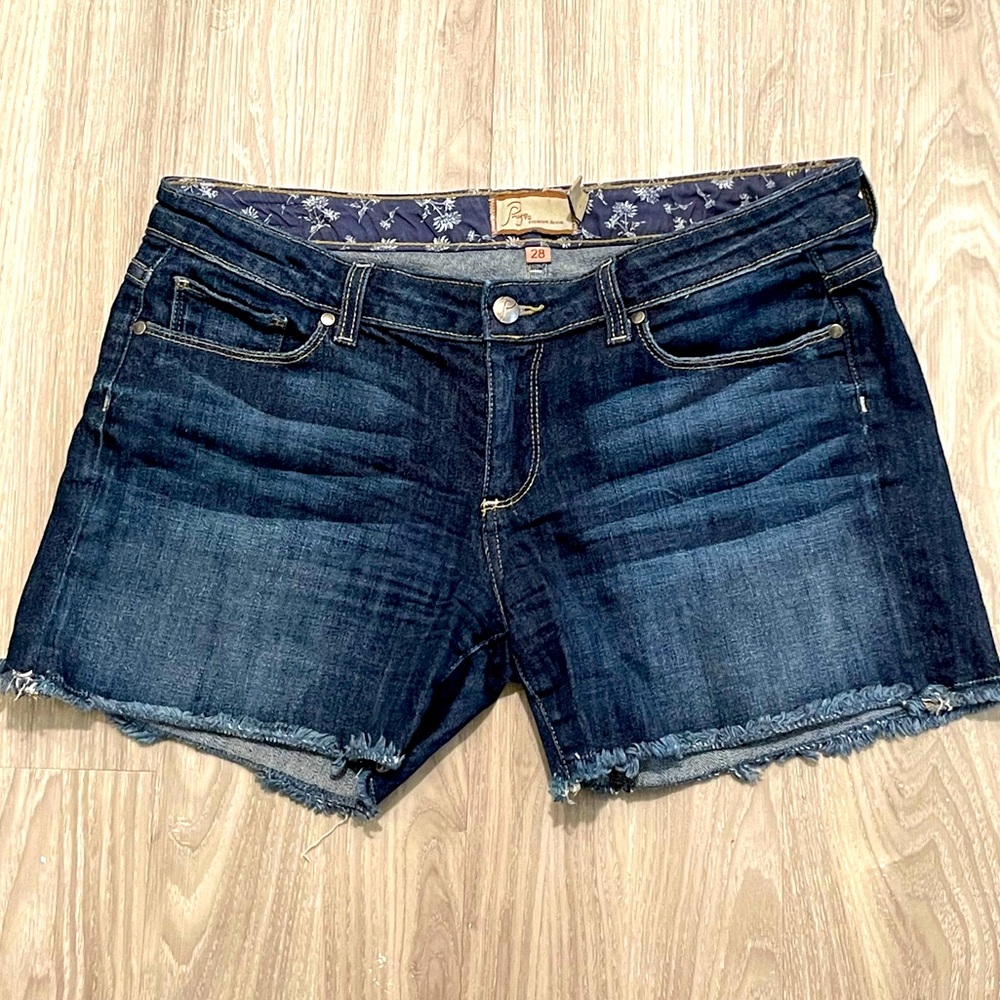 Paige denim shorts with frayed hem. Size 28